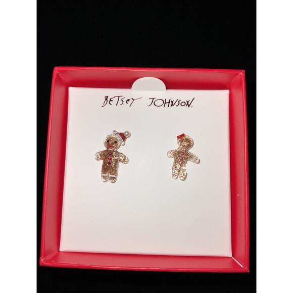 New Betsey Johnson Christmas Gingerbread Stud Earrings Sparkly Santa Hat And Bow - Picture 1 of 6